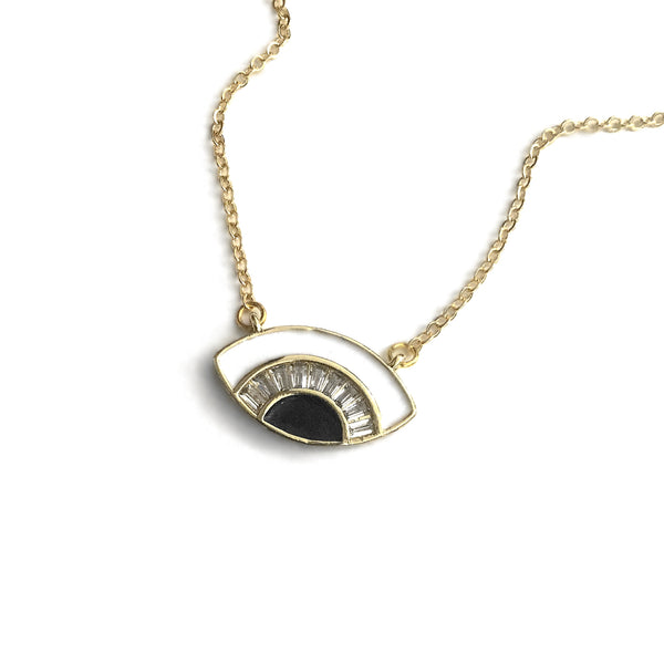 gold evil eye black white design art deco cubic zirconia diamond jewels necklace
