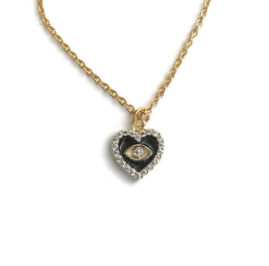 tiny gold evil eye black enamel heart cz necklace