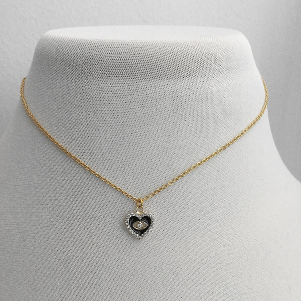 gold evil eye cubic zirconia black heart pendant necklace
