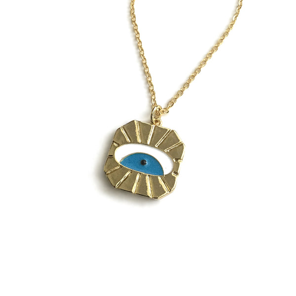 gold evil eye blue white enamel necklace