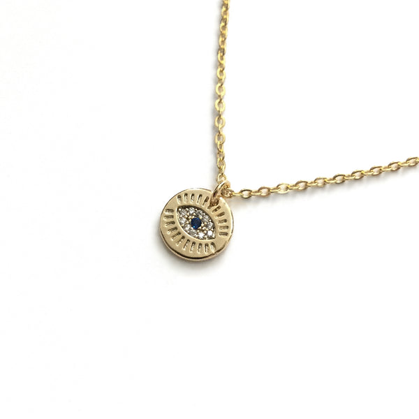 gold evil eye cz blue cubic zirconia coin pendant necklace
