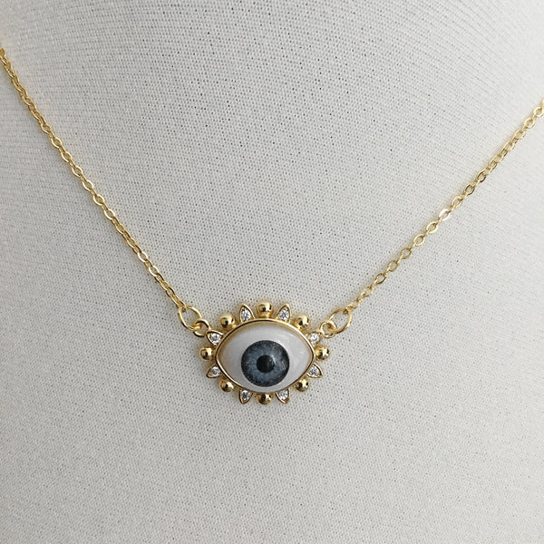 gold oval evil eye blue cz necklace