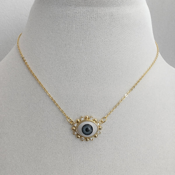 gold evil eye of protection blue eyeball cubic zirconia necklace