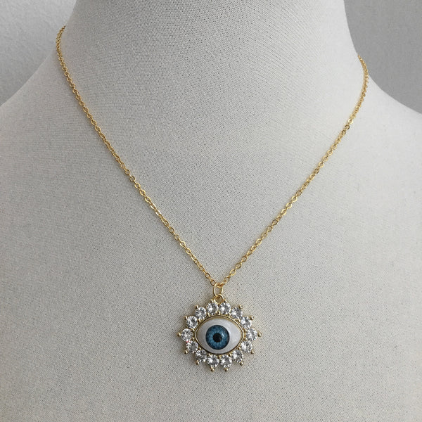 gold evil eye cz diamonds blue pendant