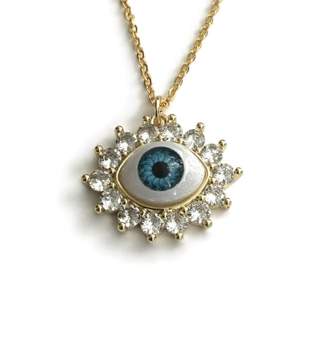 gold evil eye cz diamond cluster necklace
