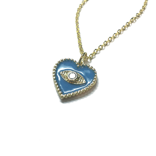 gold evil eye heart blue enamel pendant necklace