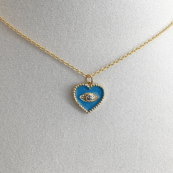 heart evil eye blue enamel pendant necklace