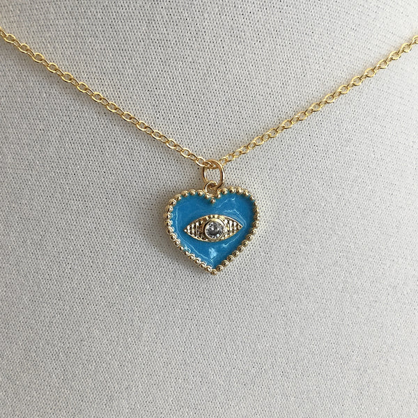 evil eye blue enamel heart necklace