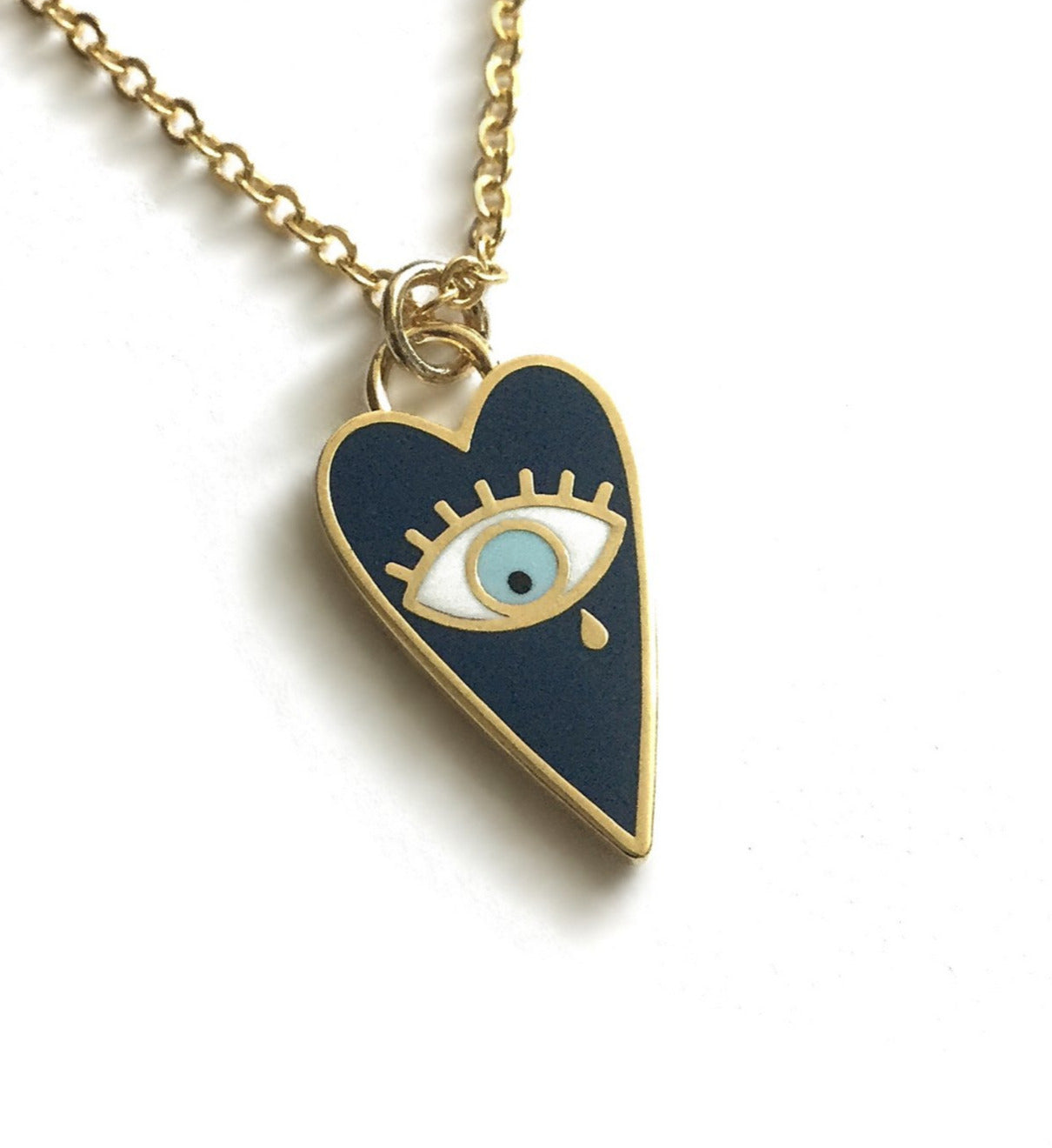 evil eye blue enamel heart teardrop necklace