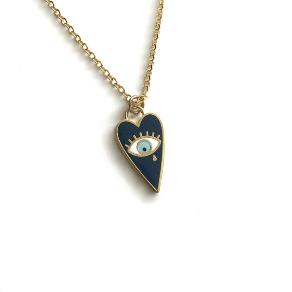blue enamel heart evil eye pendant necklace