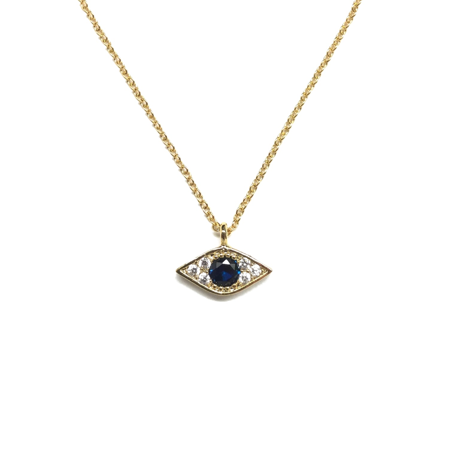 Gold plated evil eye white cubic zirconia with a larger faceted blue cubic zirconia necklace