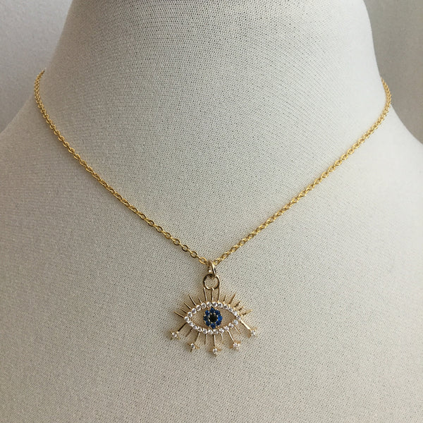 gold evil eye clear blue cubic zirconia necklace