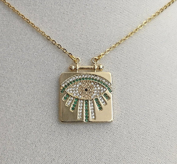 gold evil eye micro pave clear green topaz medallion square necklace
