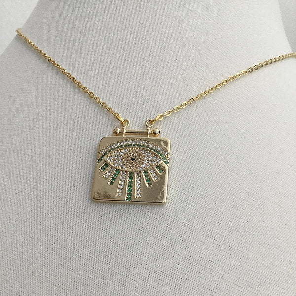 evil eye gold micro pave cubic zirconia green topaz clear square coin necklace