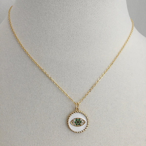 gold evil eye cz clear green protection necklace