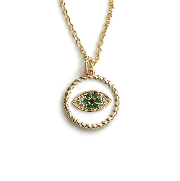 gold evil eye clear green cubic zirconia charm pendant
