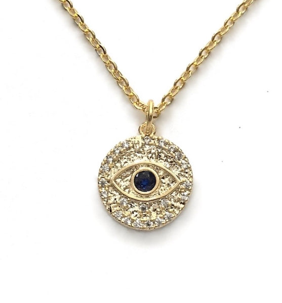 gold evil eye blue cubic zirconia protection medallion amulet necklace