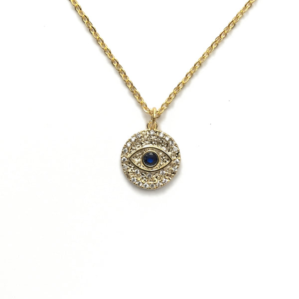 evil eye third eye cubic zirconia gold blue sparkly amulet medallion protection necklace