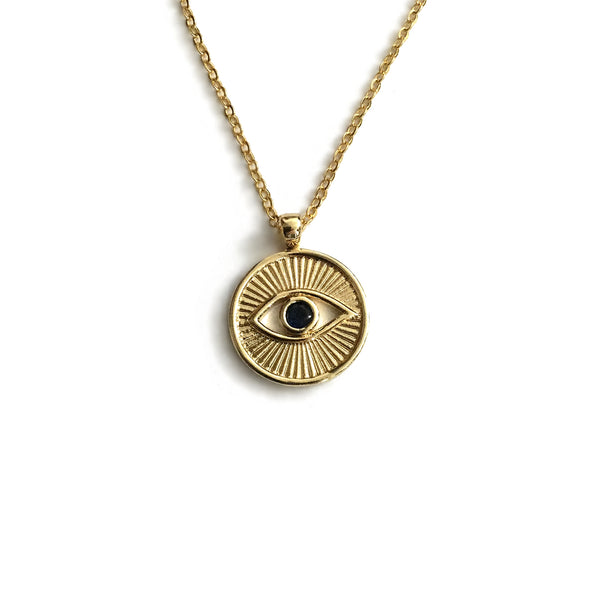 gold evil eye sapphire blue cz necklace
