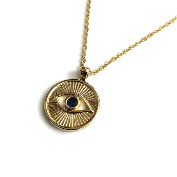 gold evil eye sun coin sapphire blue cubic zirconia necklace