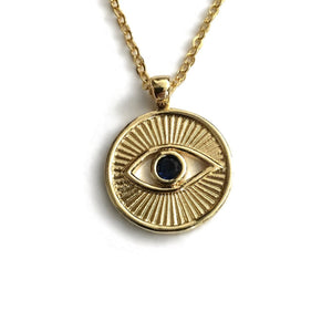 gold evil eye sunburst blue cz necklace