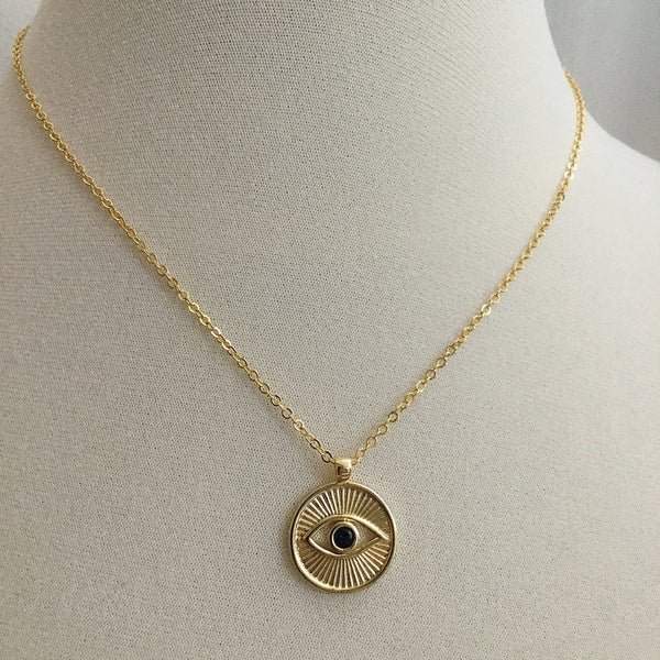 gold medallion coin evil eye blue cubic zirconia necklace