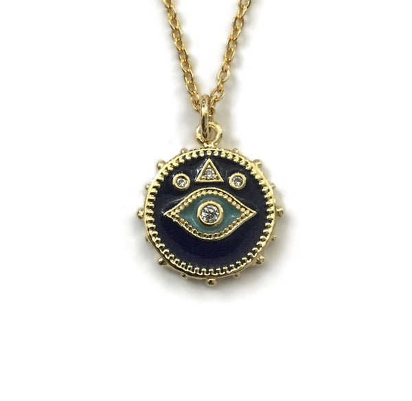 gold evil eye blue enamel coin necklace