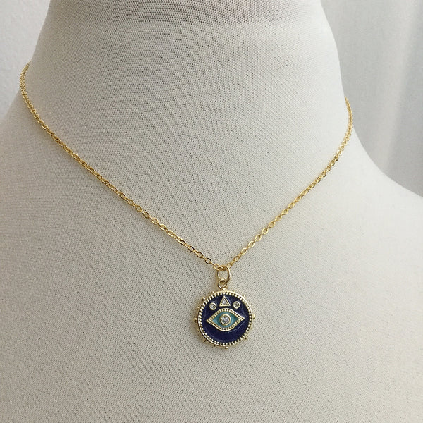 evil eye gold plated blue cz coin necklace