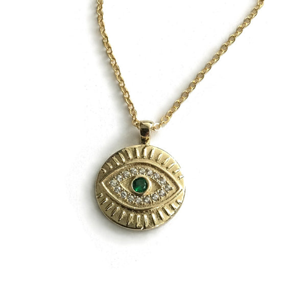 gold evil eye medallion cz emerald green necklace