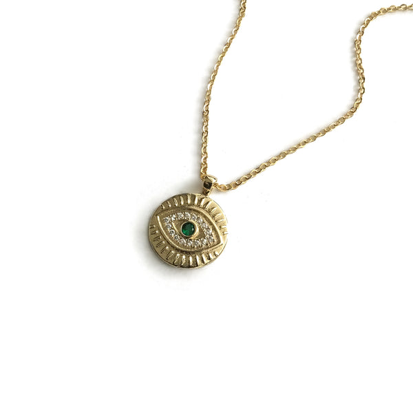 gold evil eye cubic zirconia coin pendant