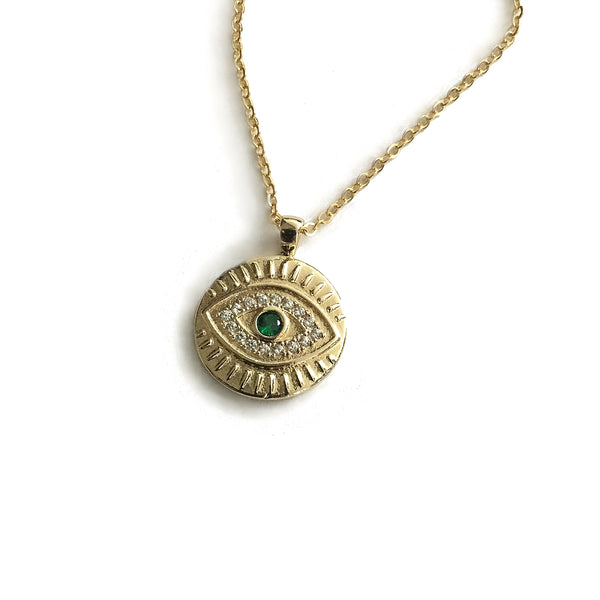 gold evil eye cubic zirconia faceted green clear coin necklace