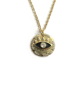 gold evil eye cubic zirconia coin medallion necklace