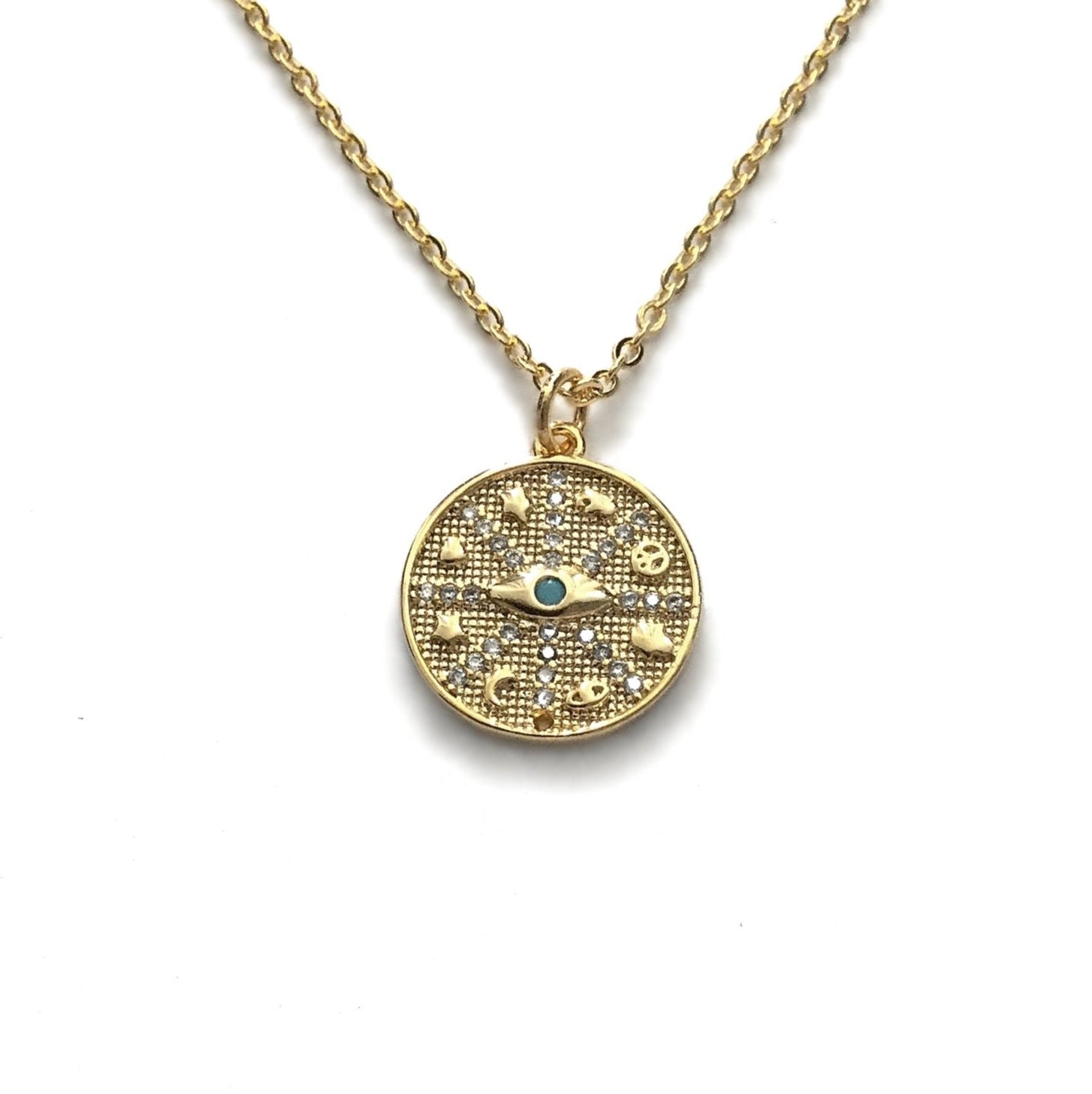 gold evil eye turquoise coin medallion necklace