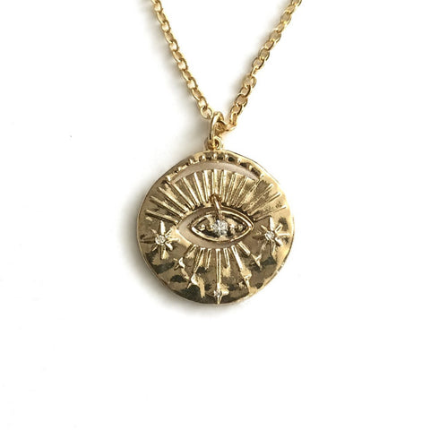 gold evil eye cz stars sun necklace