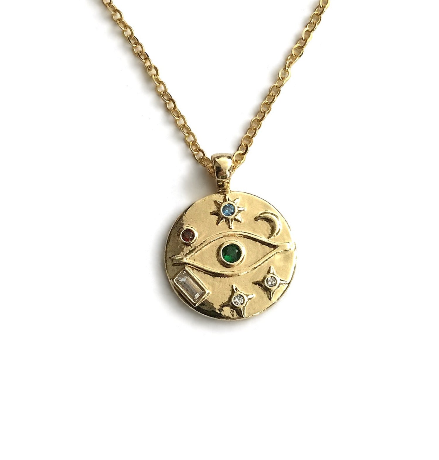 gold evil eye cz jewels moon stars medallion coin necklace