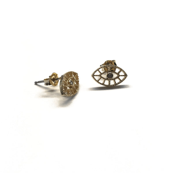 Gold plated evil eye filigree with cubic zirconia center stud earrings with sterling silver posts