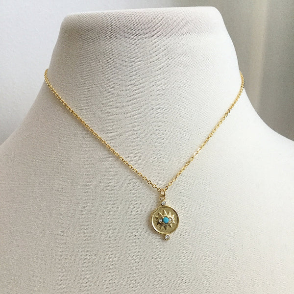 gold evil eye cz turquoise coin medallion necklace