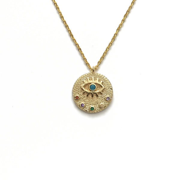gold multi color cubic zirconia evil eye protection medallion coin necklace