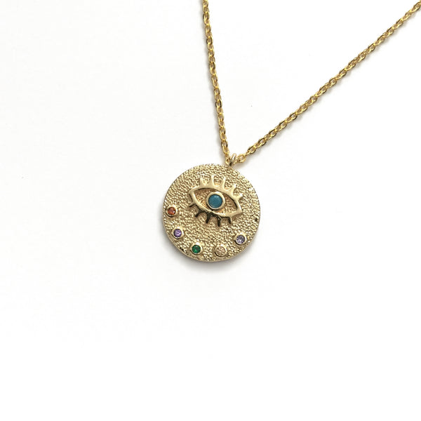 gold evil eye colourful medallion protection necklace
