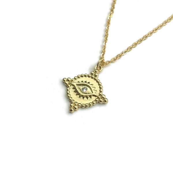 gold plated evil eye cz medallion pendant