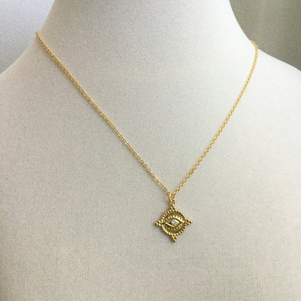 gold evil eye cz geometric coin necklace