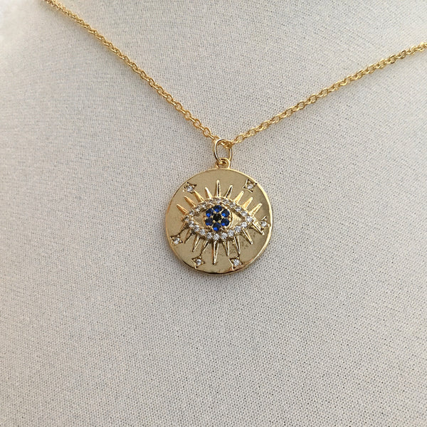gold evil eye cubic zirconia stars coin necklace