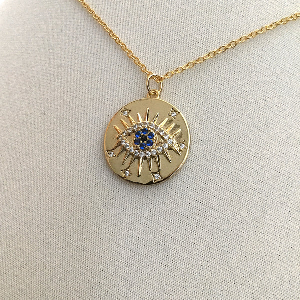 gold evil eye cubic zirconia stars clear blue CZ coin necklace