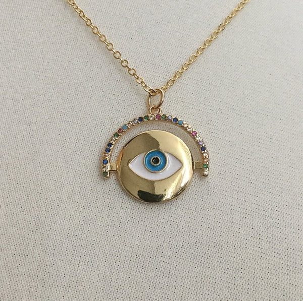 gold evil eye coin rainbow cubic zirconia necklace