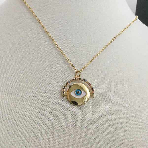 gold evil eye cz medallion protection necklace