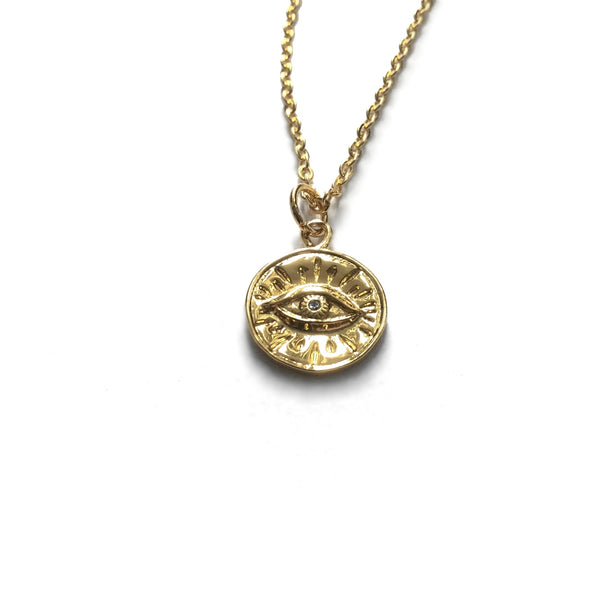gold evil eye cz coin medallion necklace