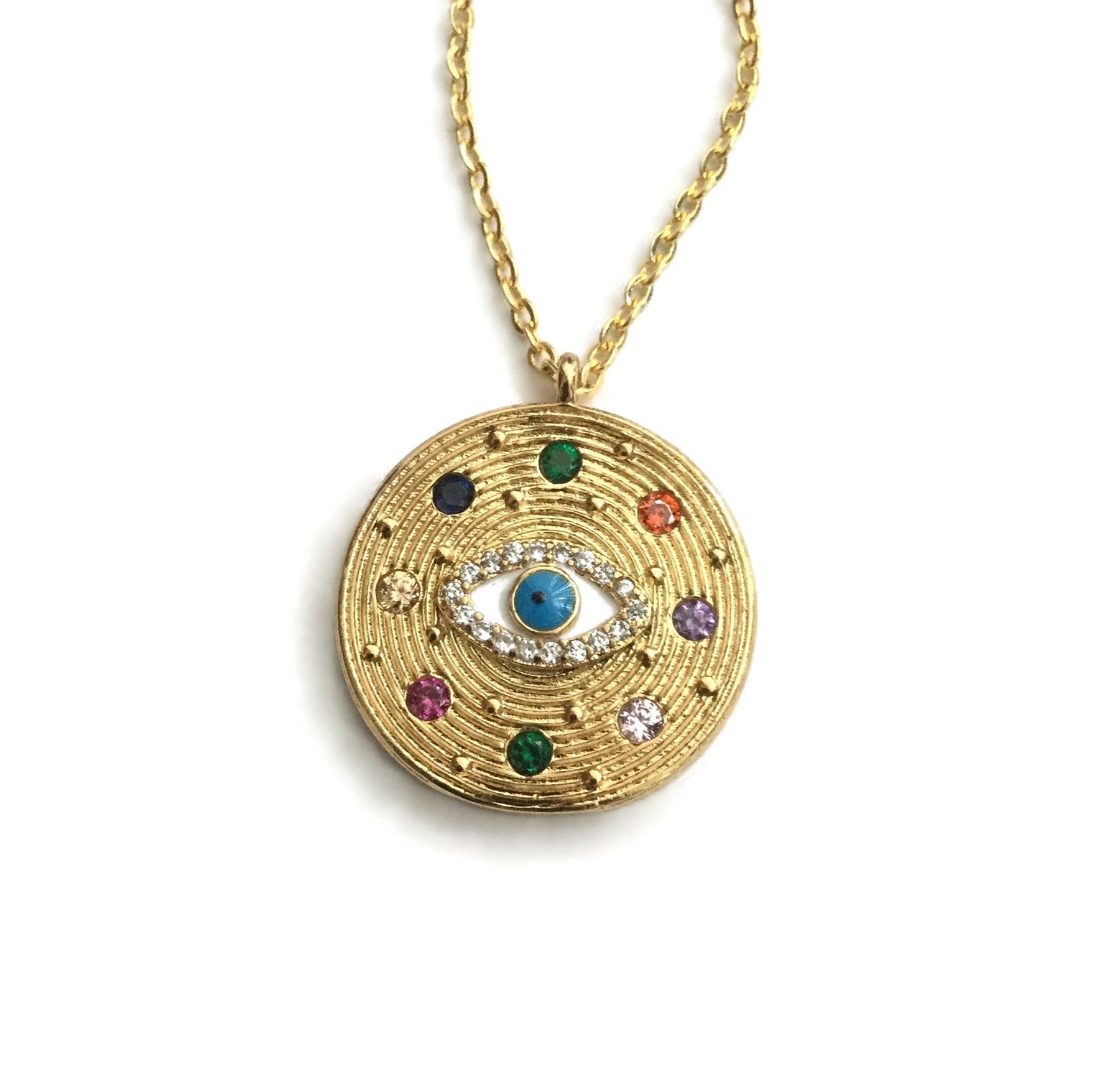 gold evil eye of protection rainbow cubic zirconia necklace