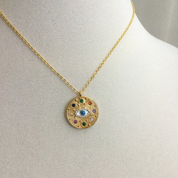 gold evil eye medallion cubic zirconia colourful medallion necklace