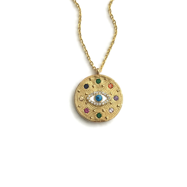 gold evil eye rainbow colourful cz medallion necklace