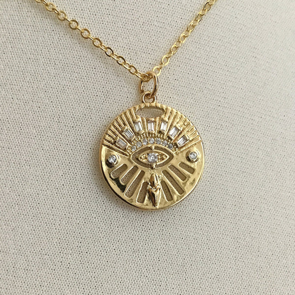 gold evil eye coin art deco rectangular cubic zirconia necklace